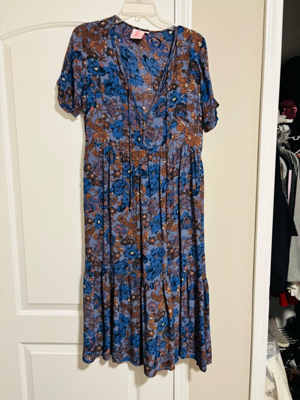 BOBO, Floral V-Neck Midi Dress in Blue and Brown, Size Small